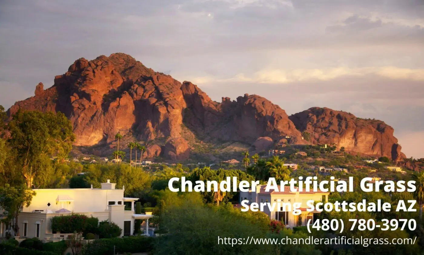 The Camelback Mountain in Scottsdale, Arizona, highlighting the contact info of Chandler Artificial Grass