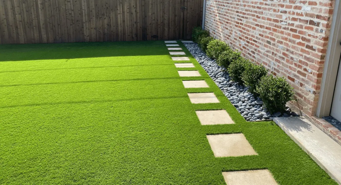 A neatly landscaped backyard with lush, waterless lawns, a row of small bushes beside a brick wall, and a stepping stone path leading from the foreground to a wooden fence at the back. Small stones fill the space between the bushes and the wall.